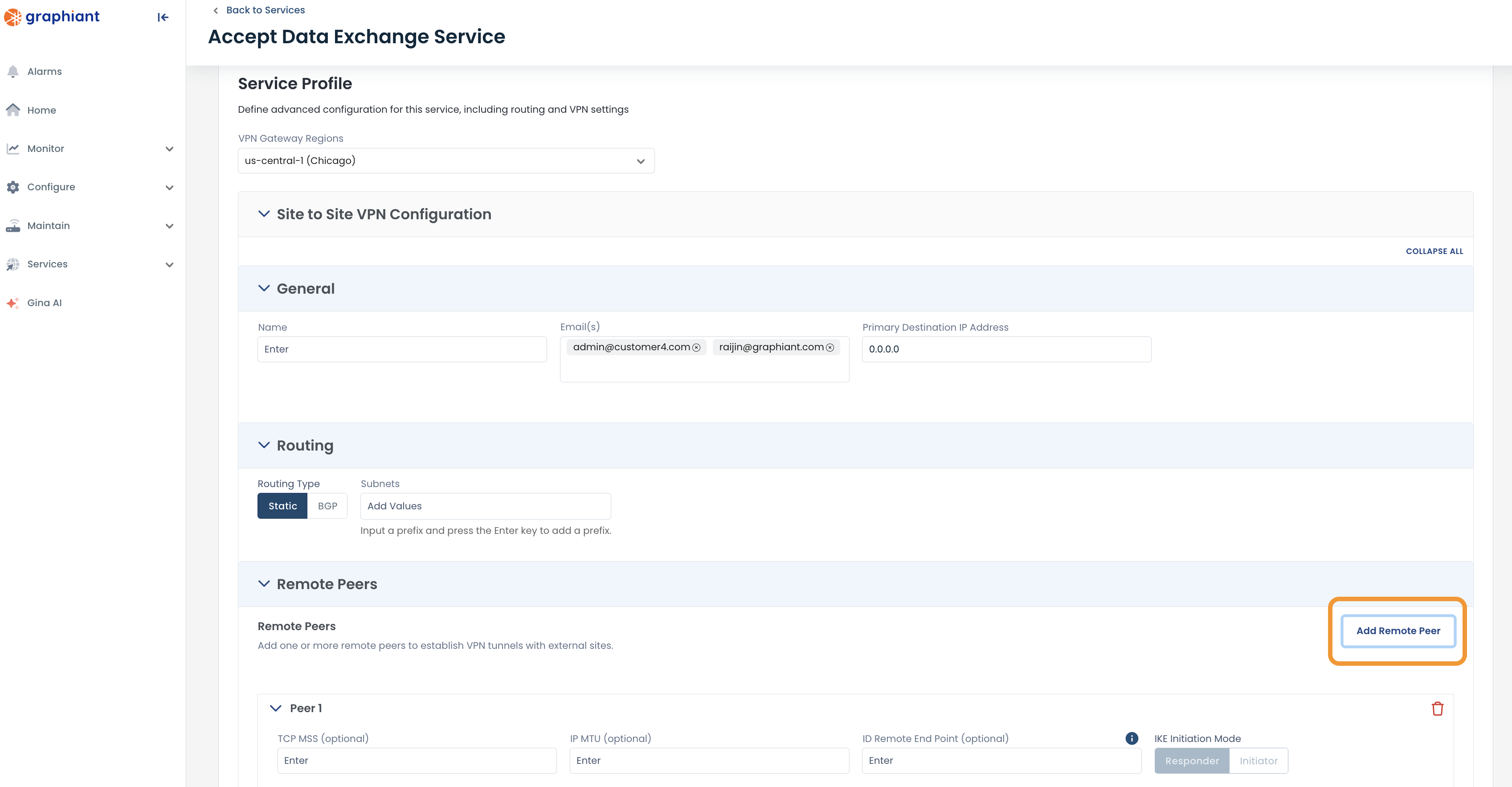 Configuration settings for VPN service profile including routing and remote peers.